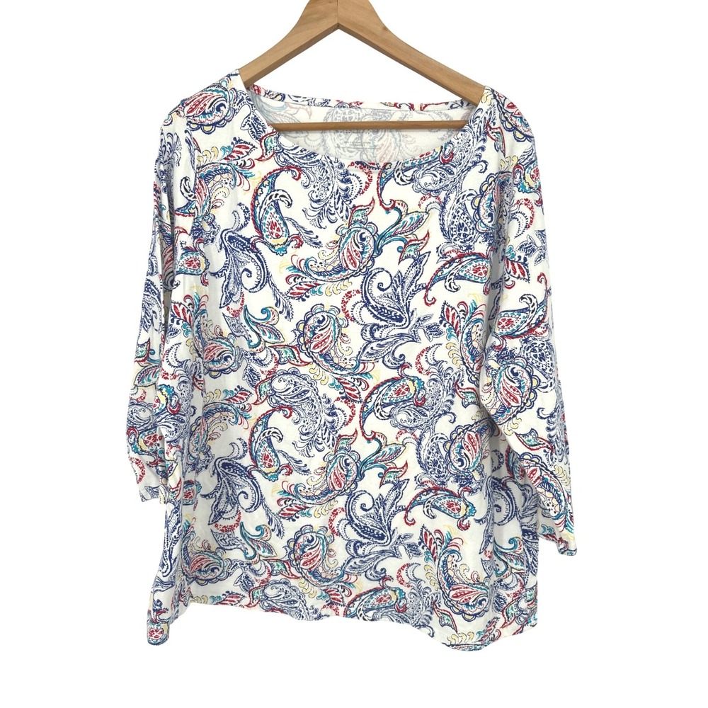 Talbots Paisley Top Women 2X White Blue Red 3/4 Sleeve Boat Neck Casual Classic